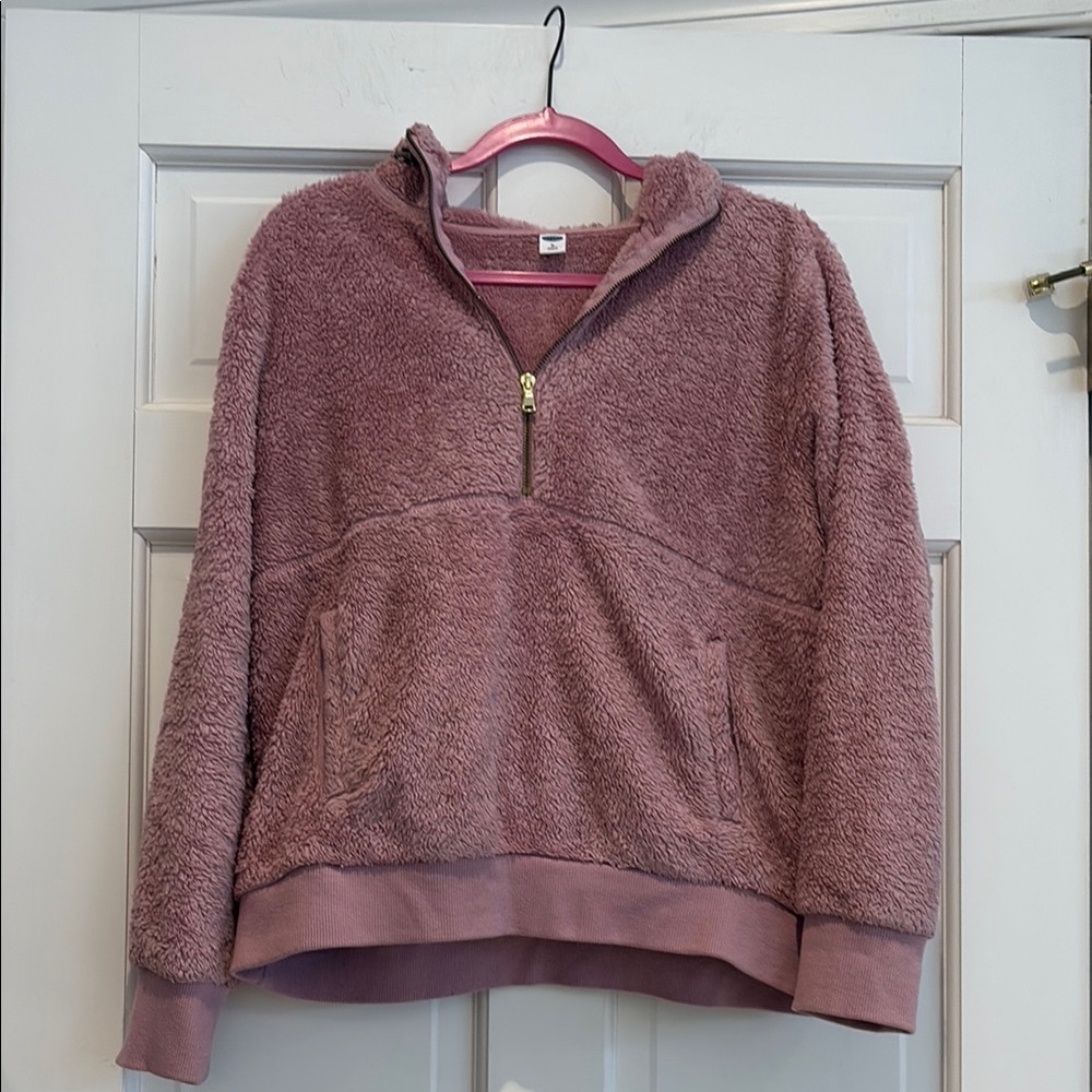 Cozy Mauve Sherpa Quarter-Zip Women's Sweatshirt with Hoodie